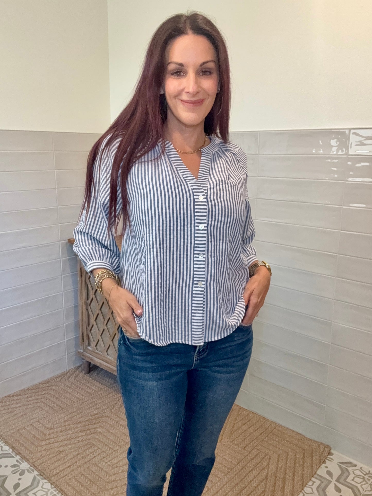 Navy Striped Button Blouse