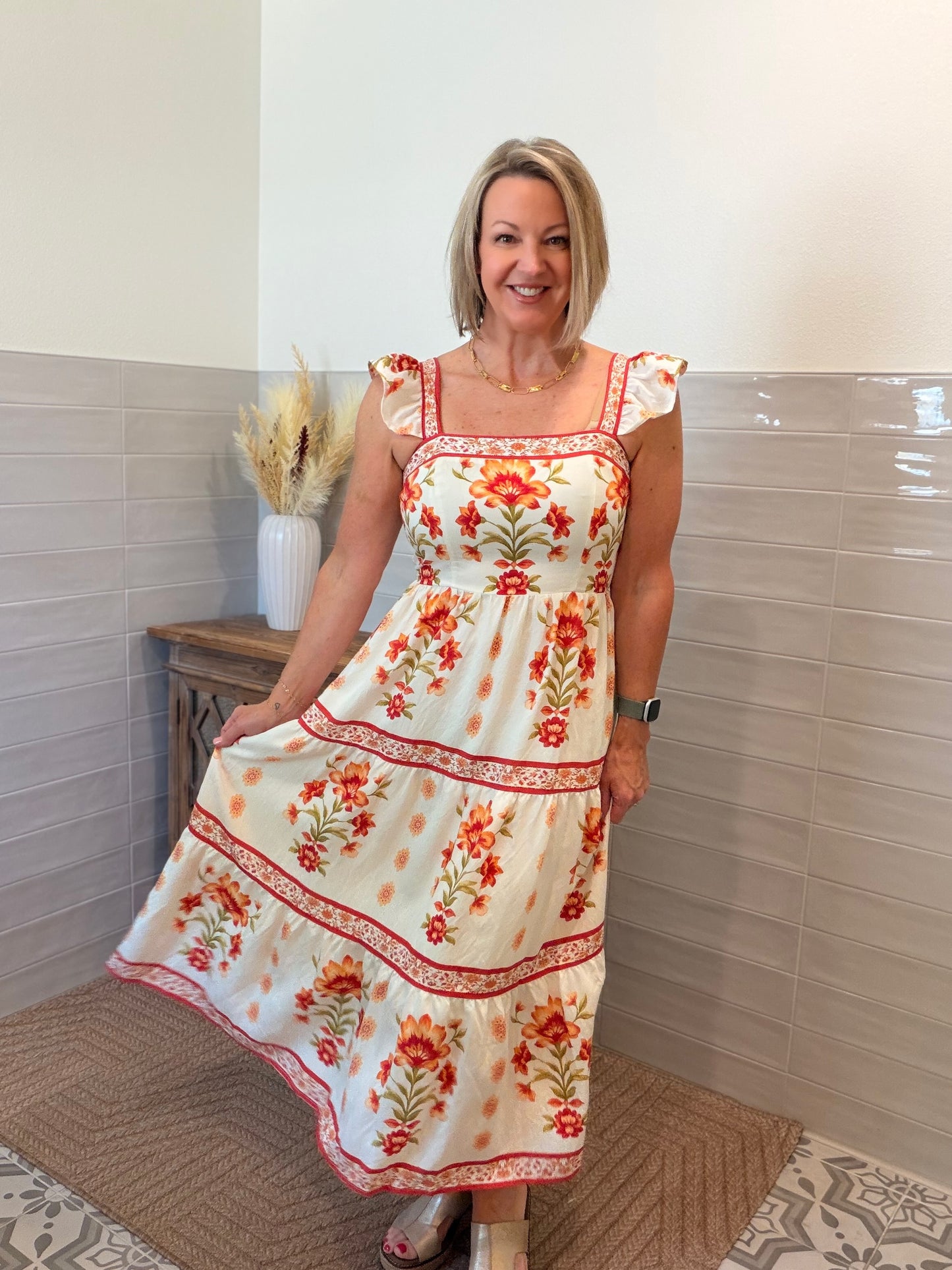 Rust Floral Midi Dress