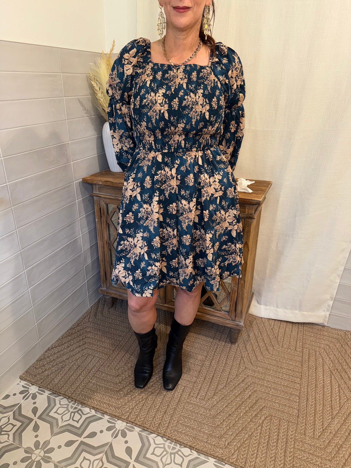 Teal Peasant Sleeve Dress