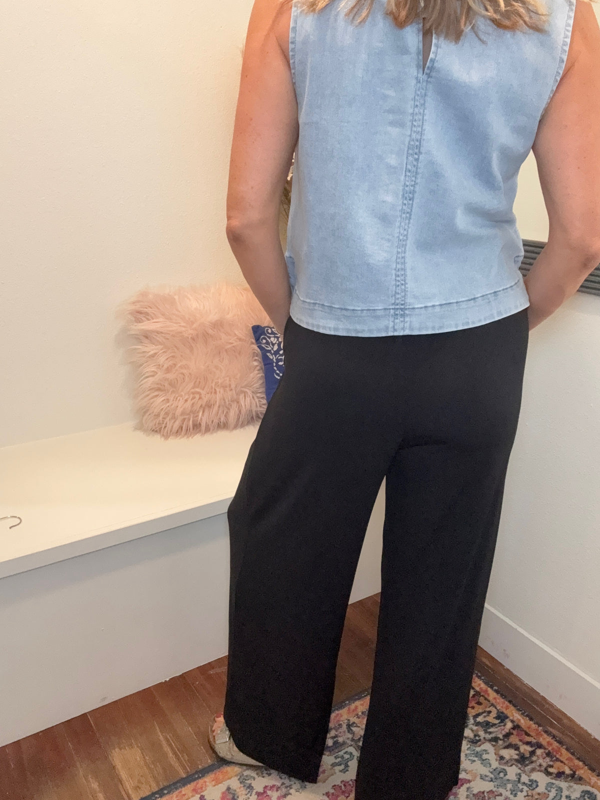 Black Chambray Wide Leg Crop Pants