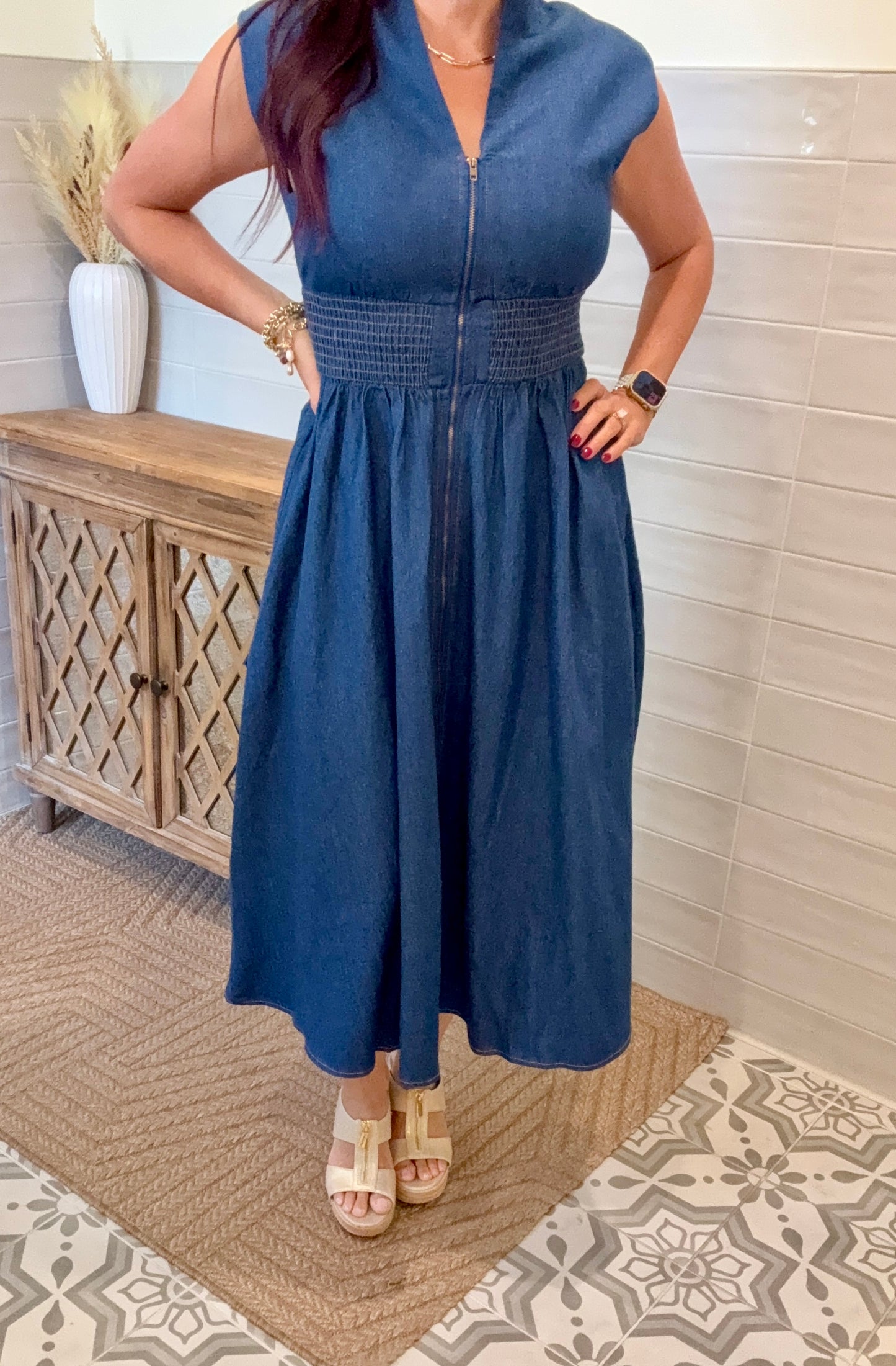 Denim Zipper Midi Dress