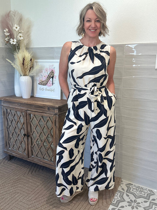 Leaf Print Tie Waist Jumpsuit