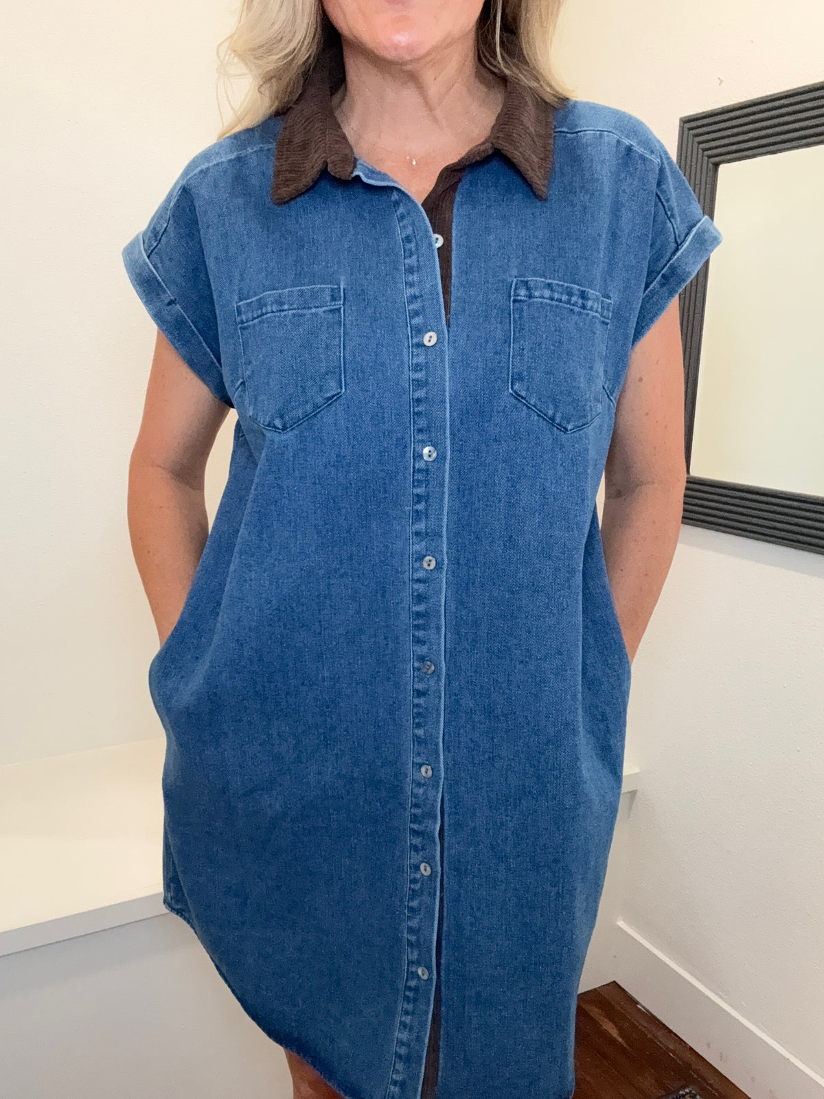 Contrast Collar Denim Dress