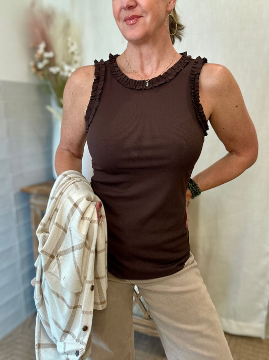 Solid Knit Ruffle Trim Tank - Espresso