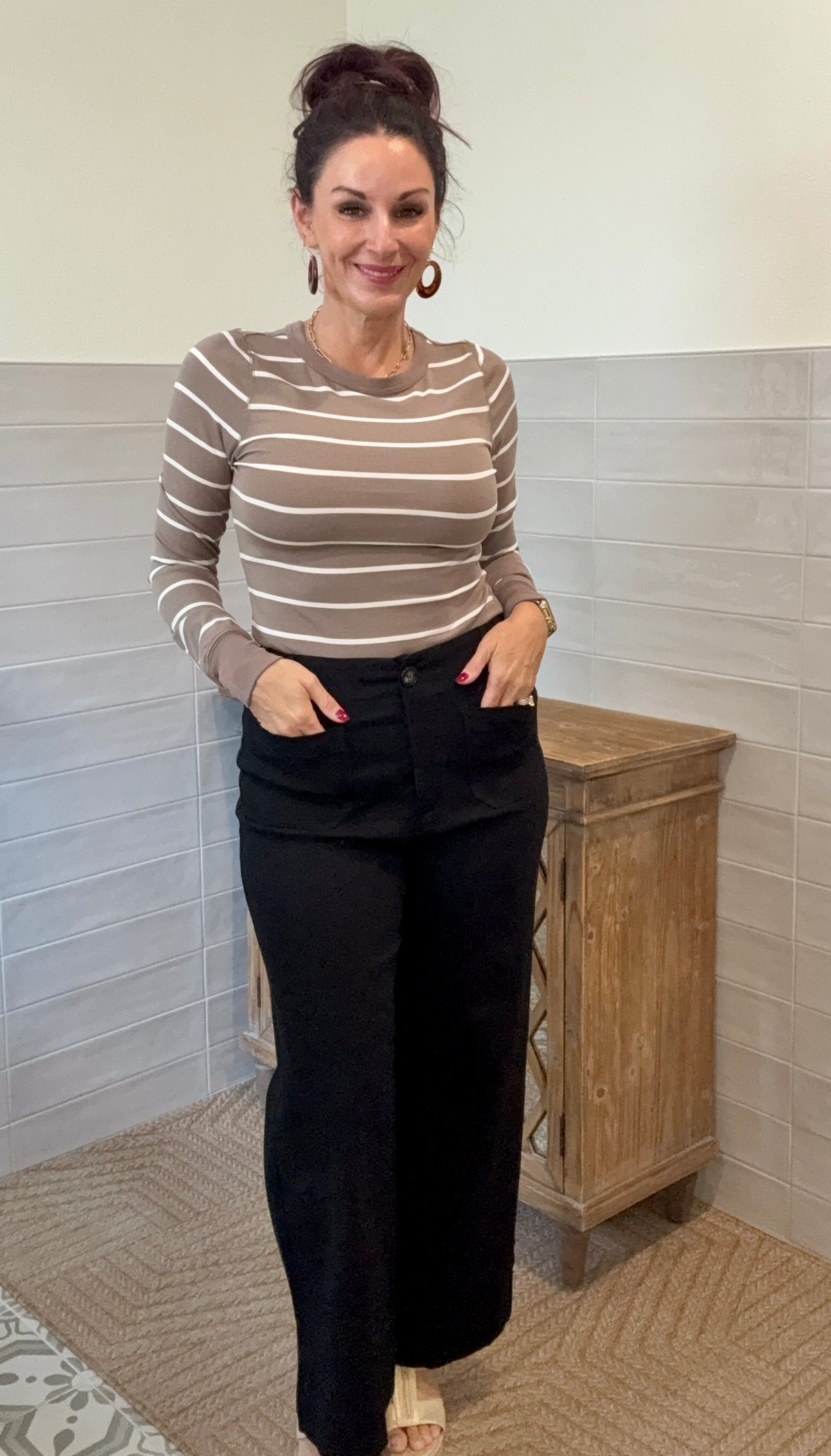 Stacy Long Sleeve Top - Taupe White