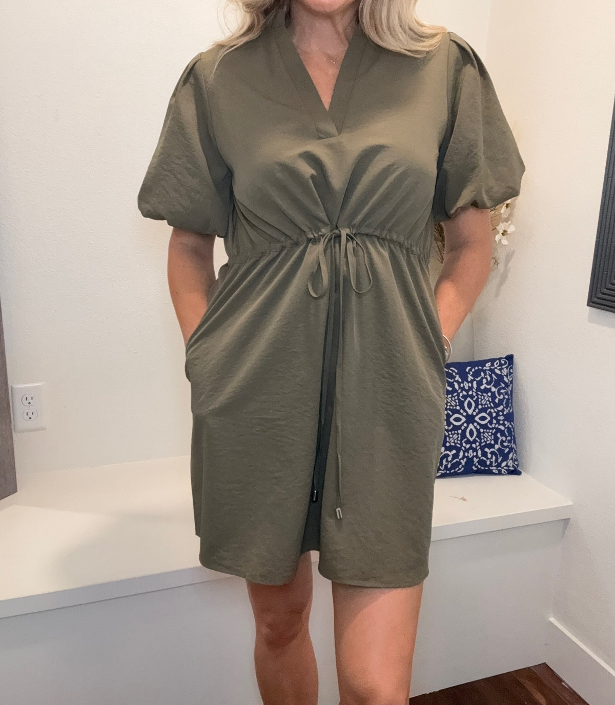 Deep Olive Cinched Waist Mini Dress