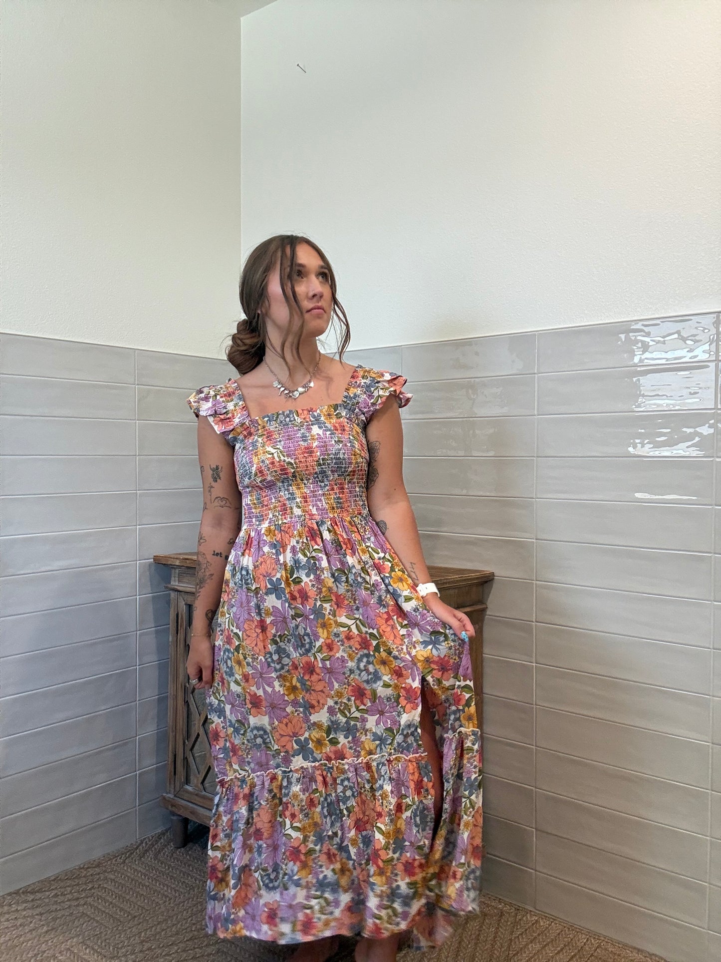 Smocked Floral Flutter Dress
