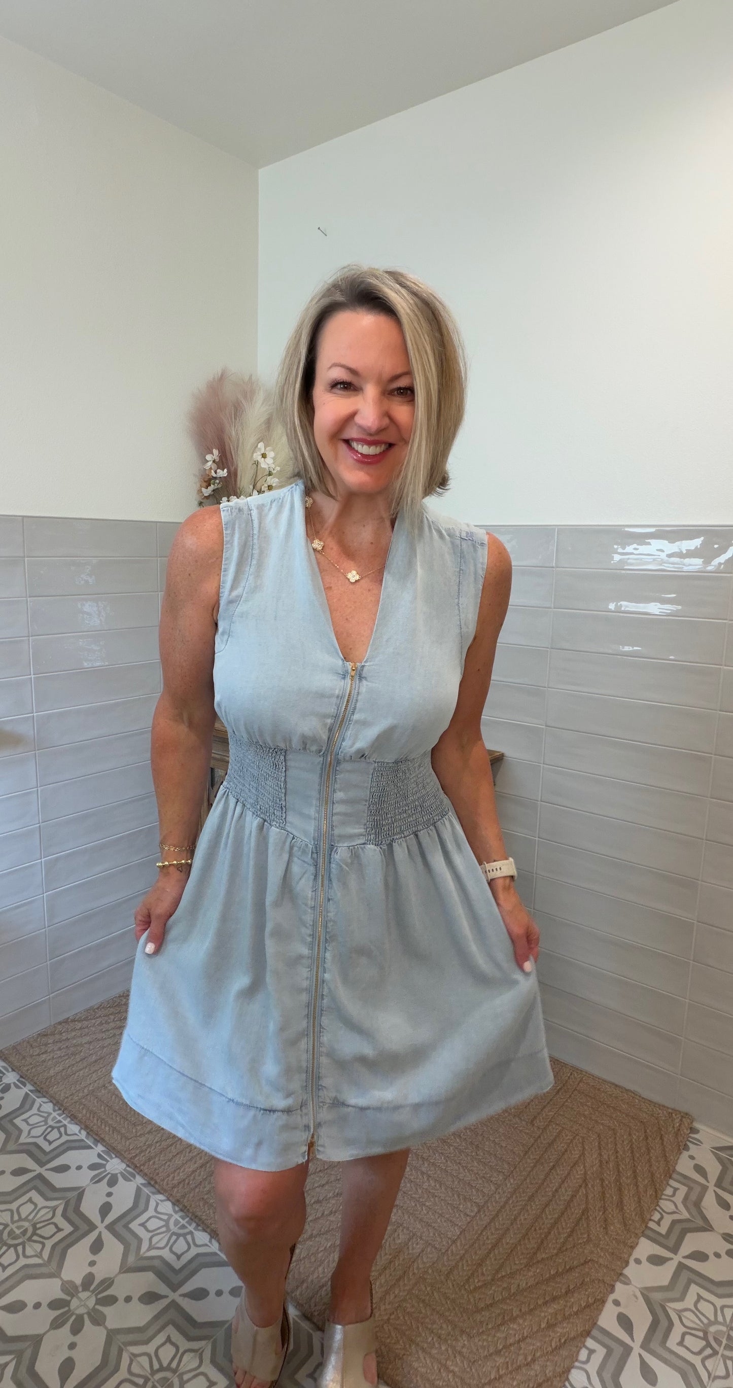 Chambray Zip Front Mini Dress