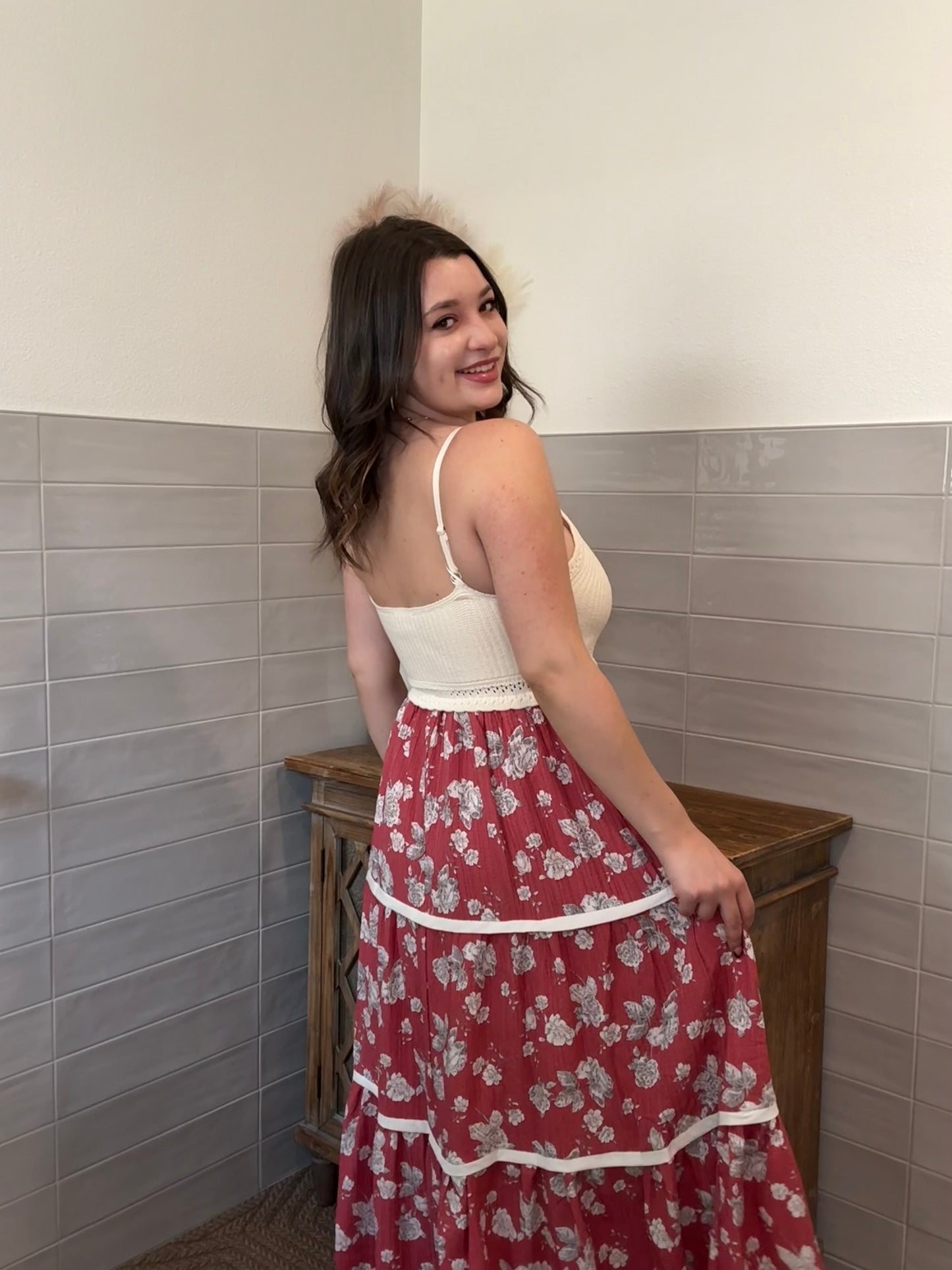 Ivory and Floral Midi Dress