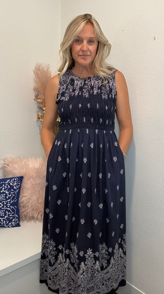 Linen Border Smocked Midi Dress