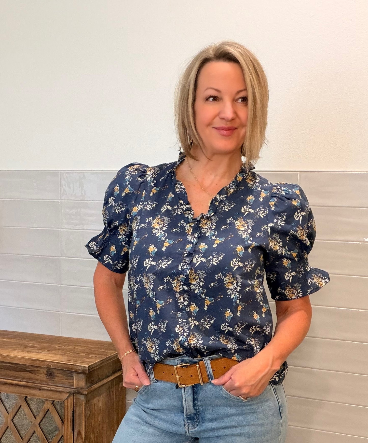 Navy Ruffle Blouse