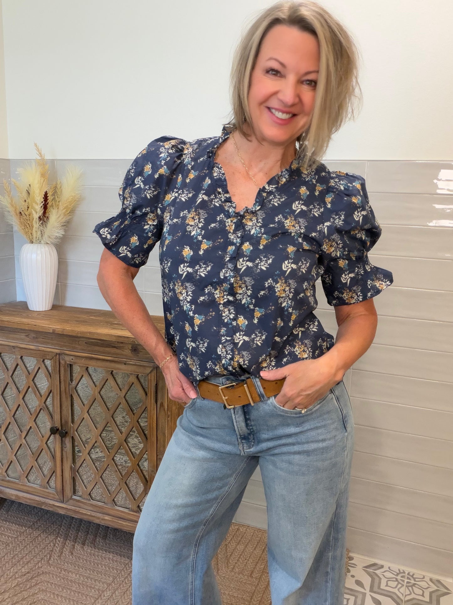 Navy Ruffle Blouse