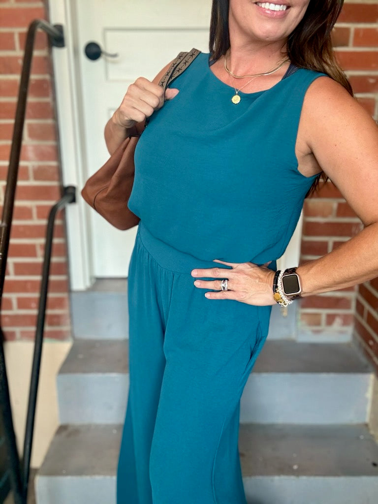 Teal Cropped Top and Wide Pant Set