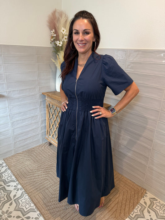 Navy Zip Midi Dress