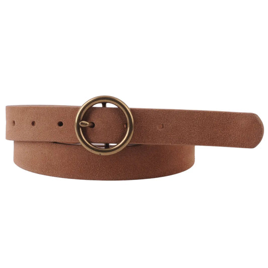 Circle Buckle Leather Belt - Camel Suede