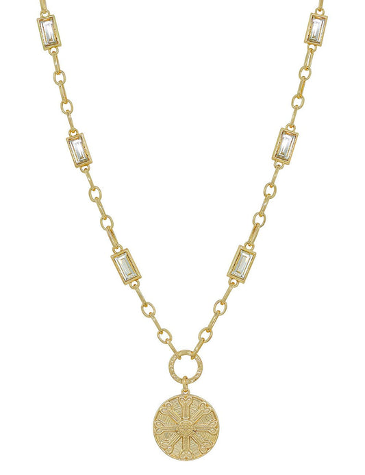 Gold with Clear Rectangle Crystal and Coin 16"-18" Necklace