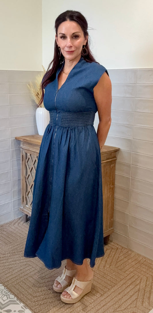 Denim Zipper Midi Dress