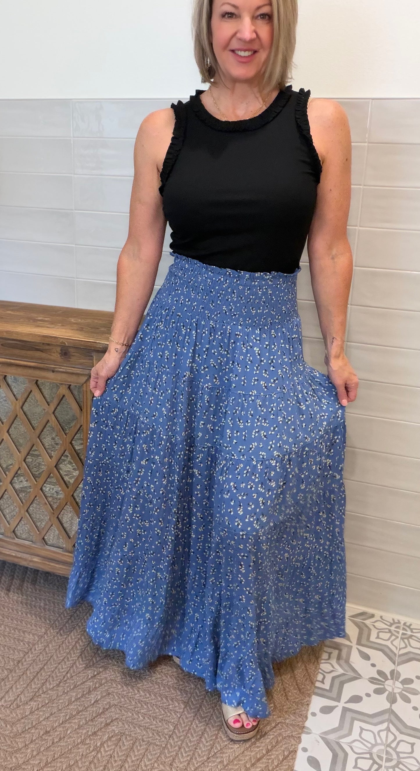 Blue Smocked Waist Maxi Skirt