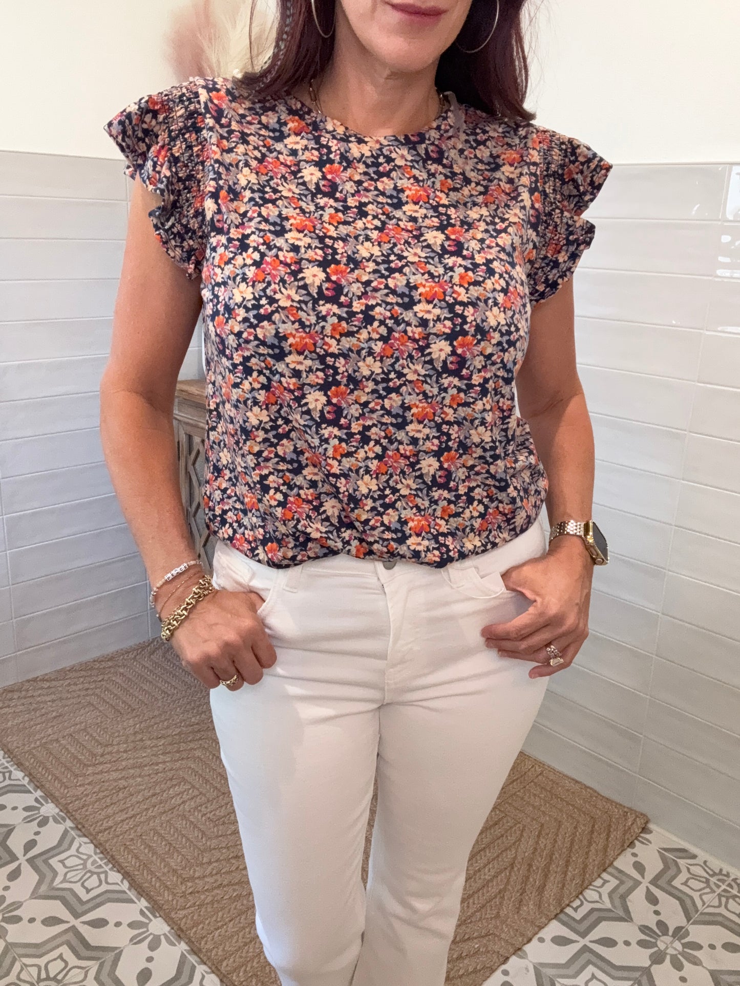 Navy Ruffle Jersey Blouse