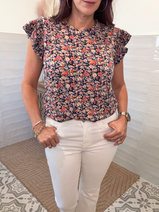 Navy Ruffle Jersey Blouse