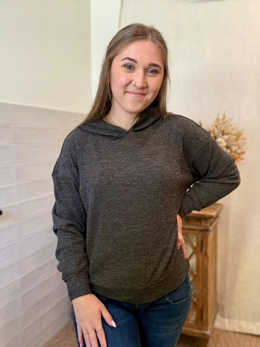 Black Ribbed Hoodie Sweatshirt