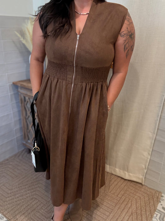 Chocolate Suede Zip Dress