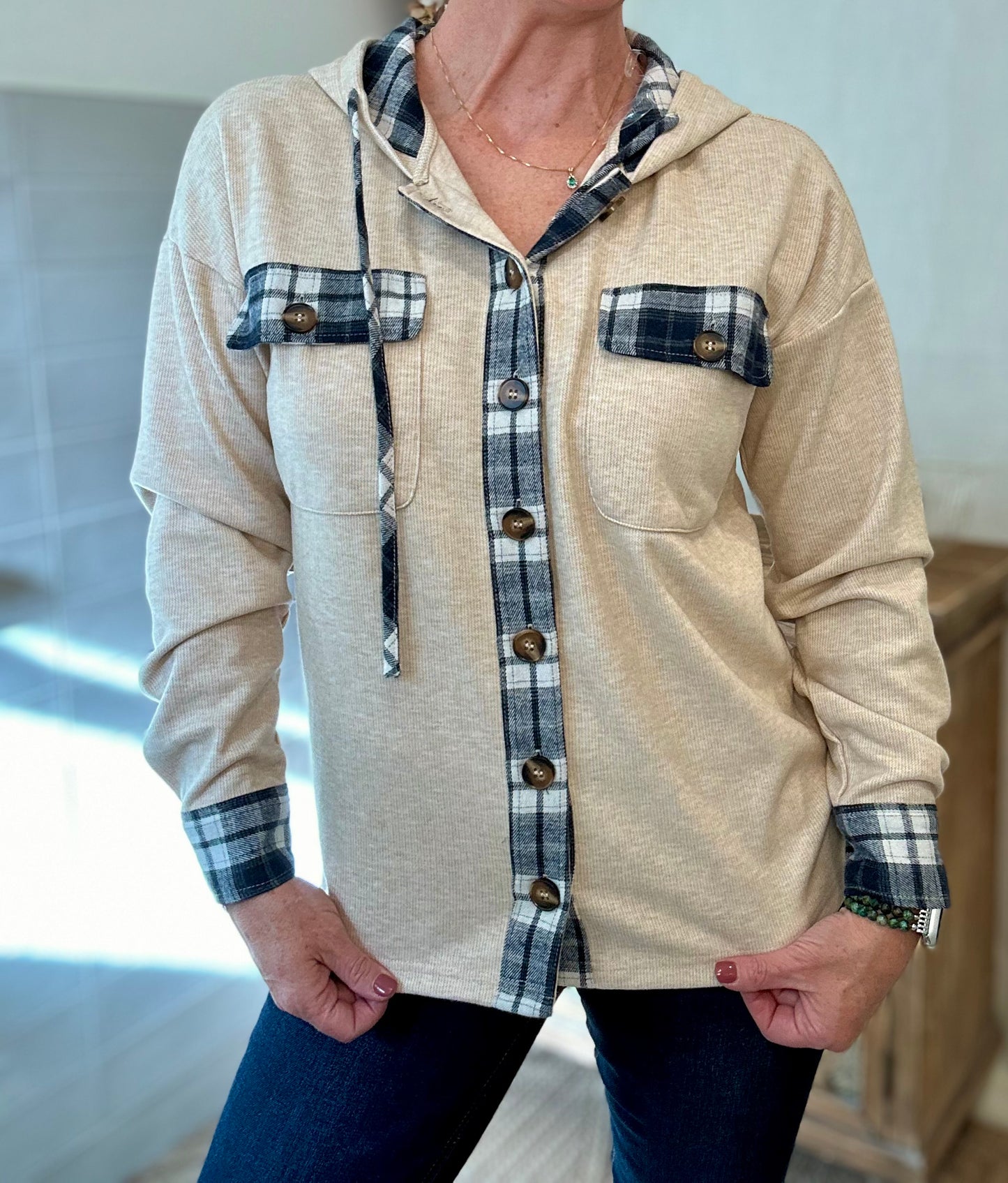 Taupe Plaid Hooded Jacket