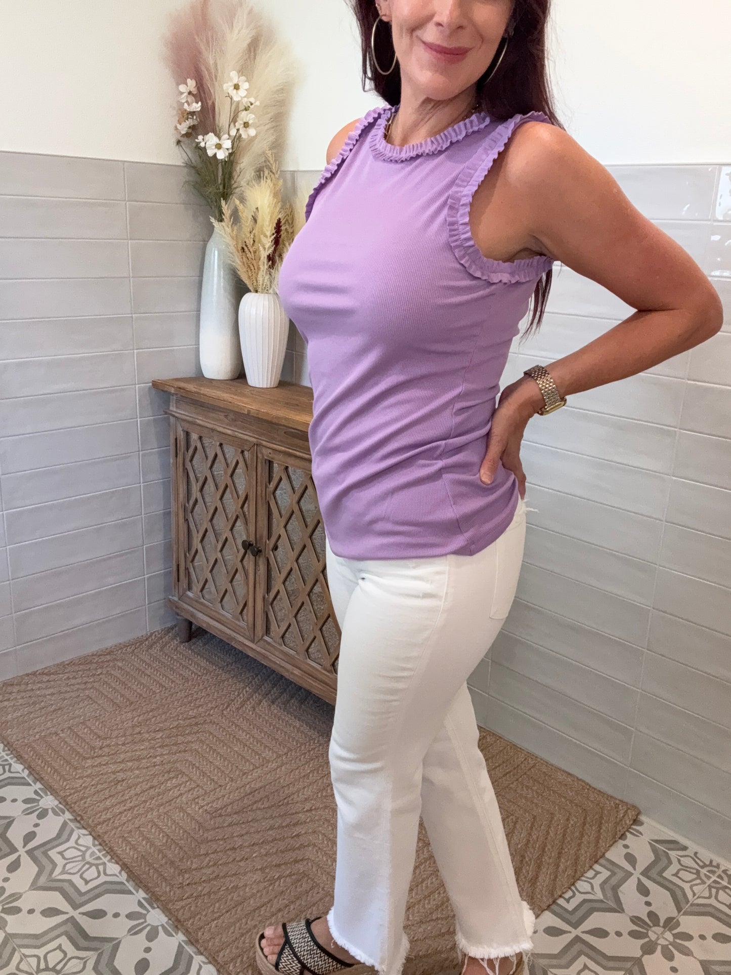 Solid Knit Ruffle Trim Tank - Lavender
