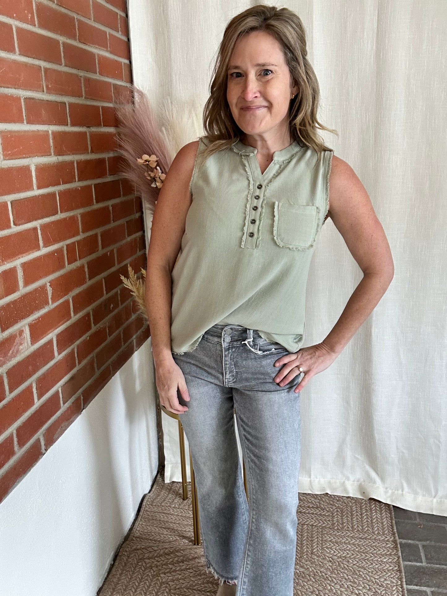 Linen Blend Frayed Sleeveless Top