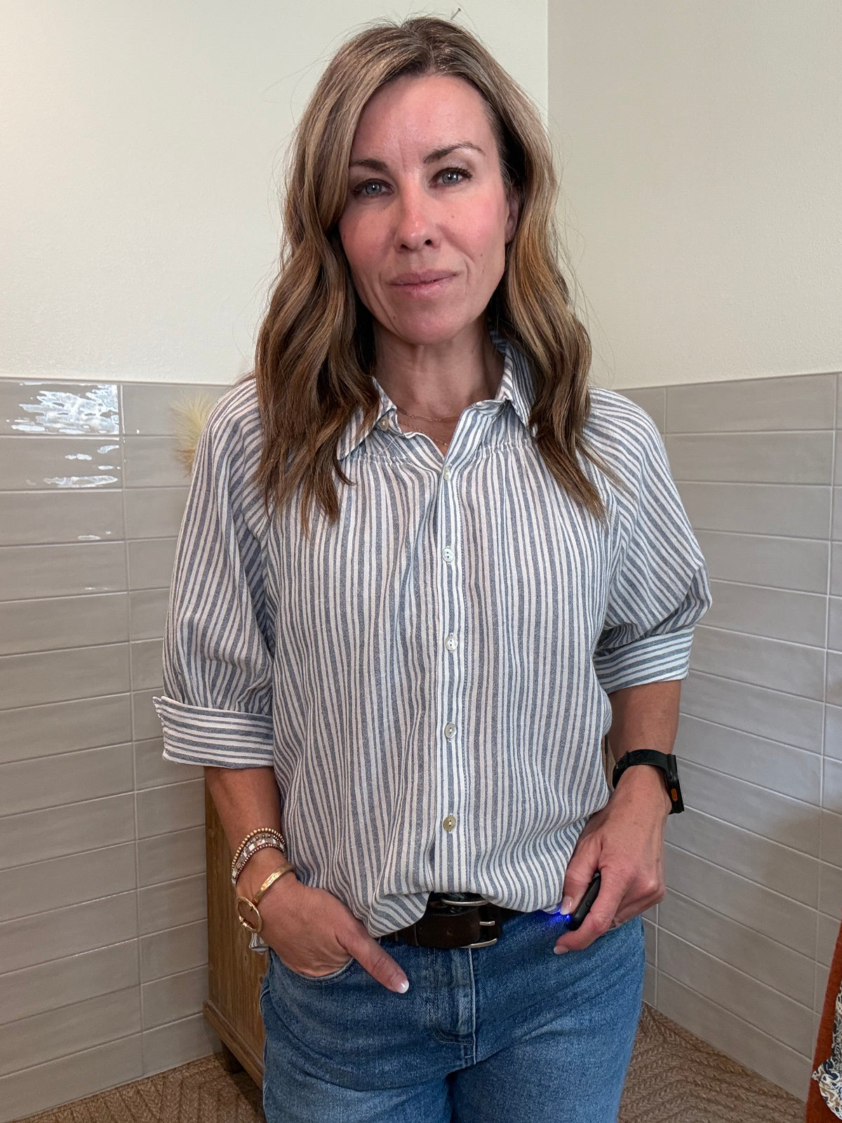Striped Rolled Sleeve Collared Button Down Shirt