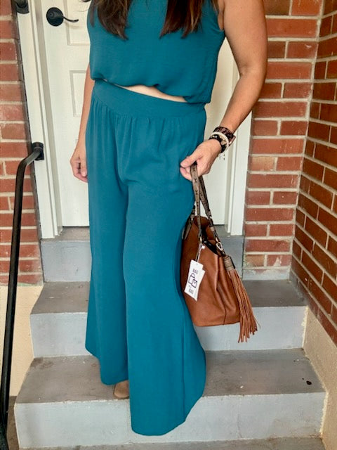 Teal Cropped Top and Wide Pant Set