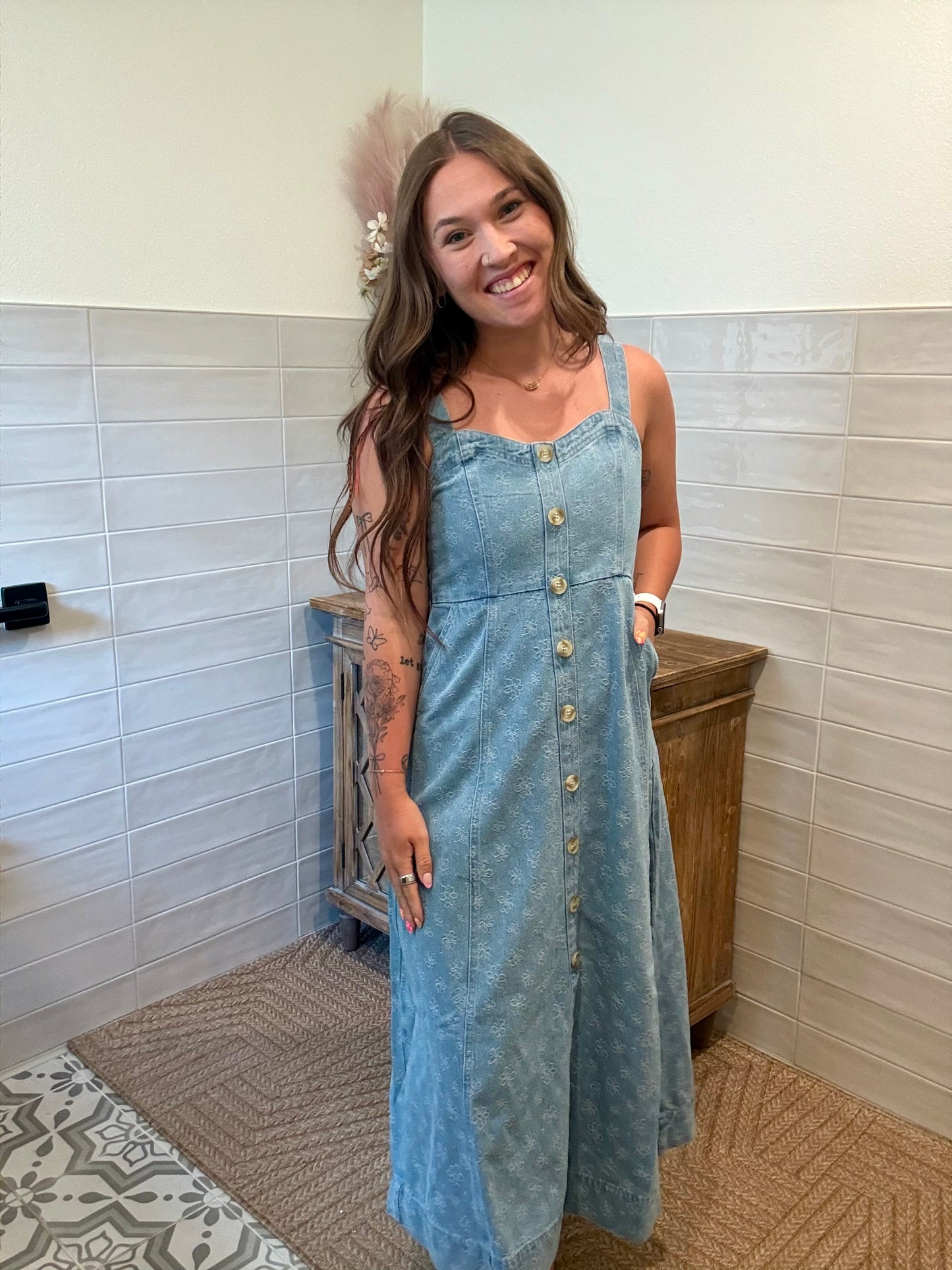 Floral Denim Sweetheart Midi Dress