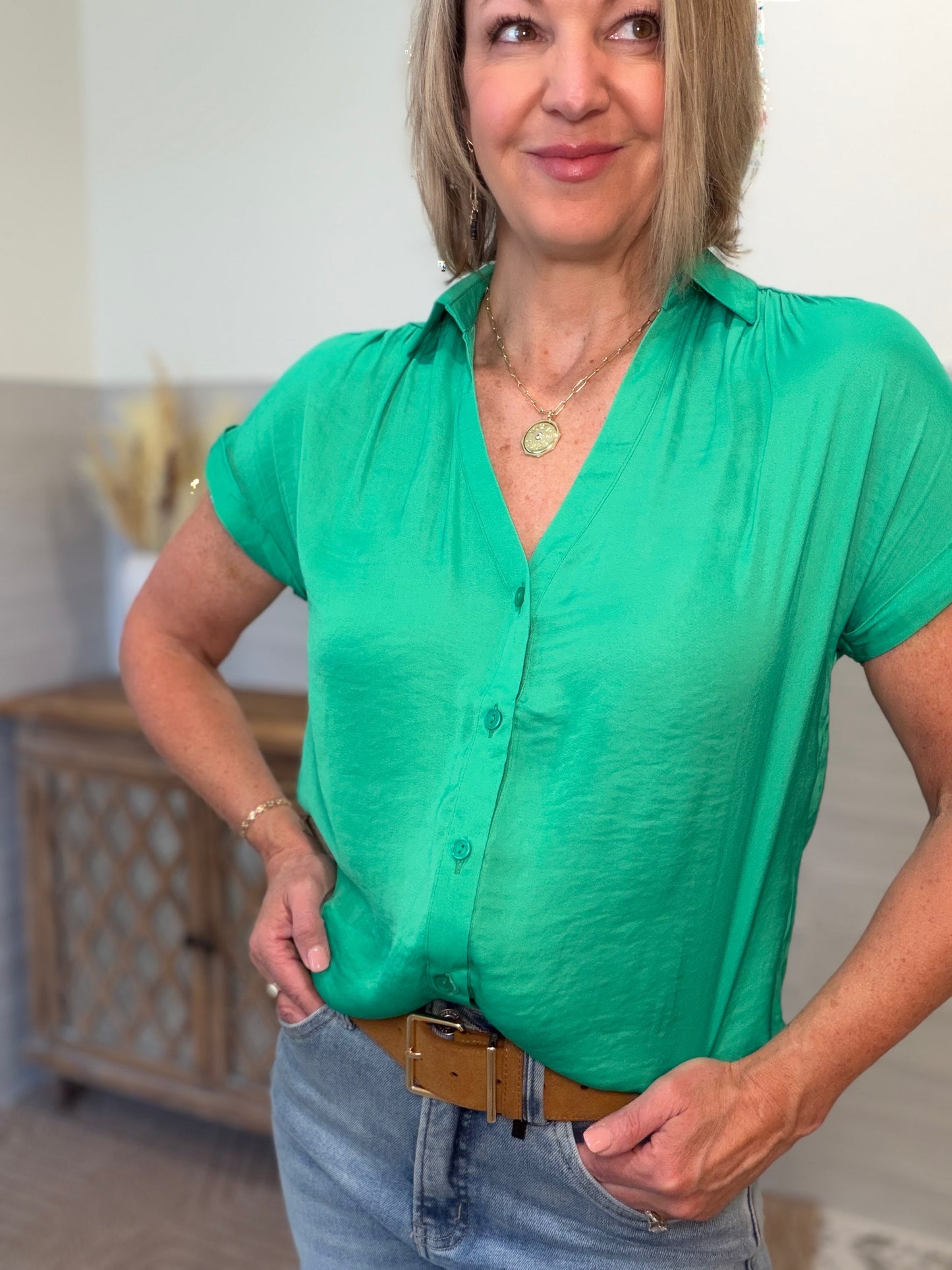 Short Sleeve Blouse - Green