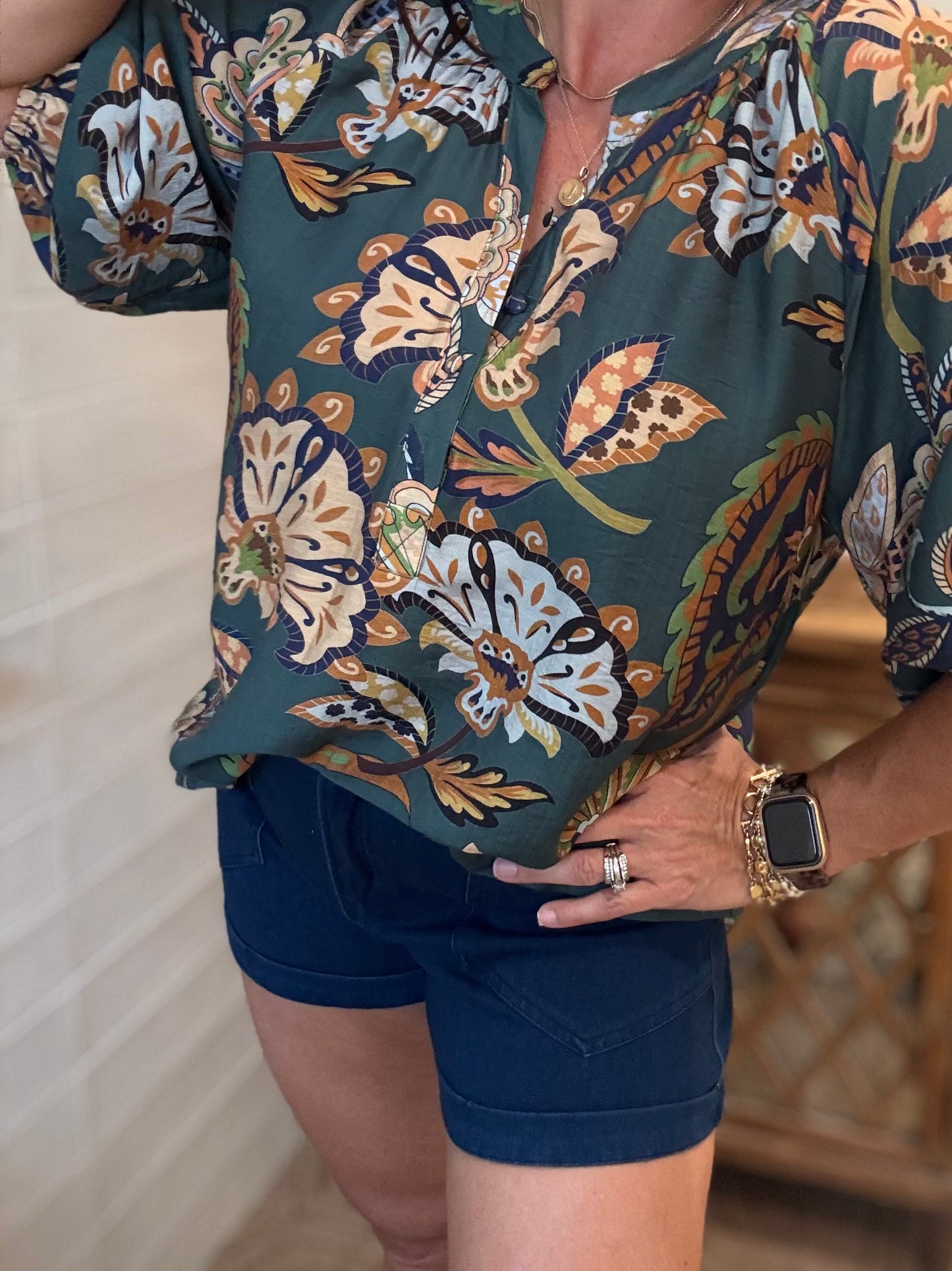 Boho Paisley Puff Sleeve Blouse - Teal