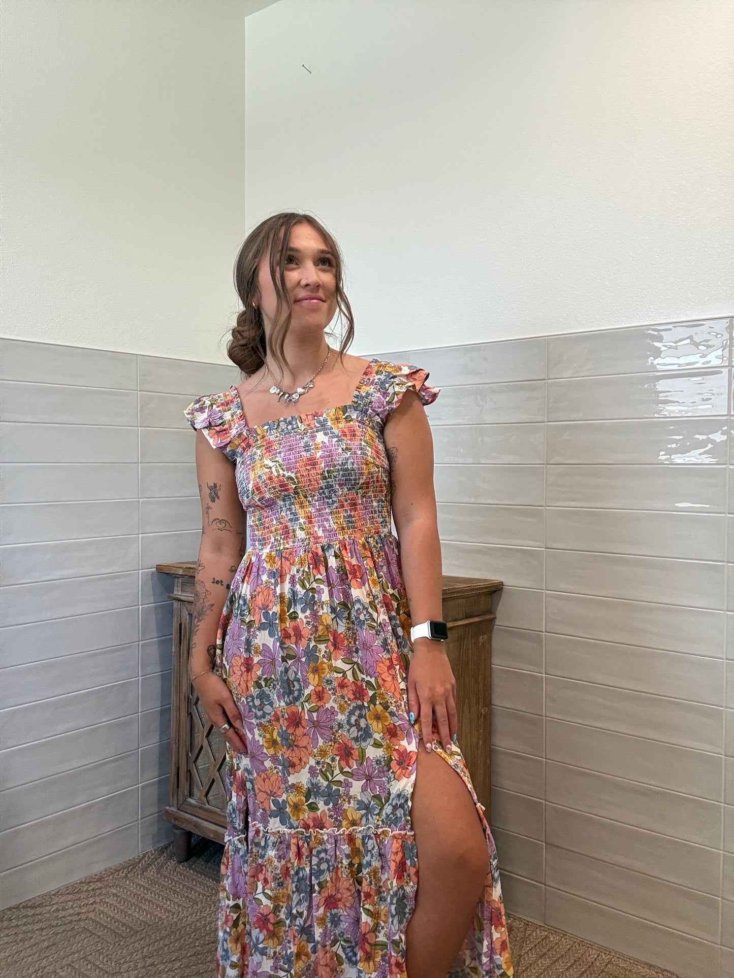 Smocked Floral Flutter Dress