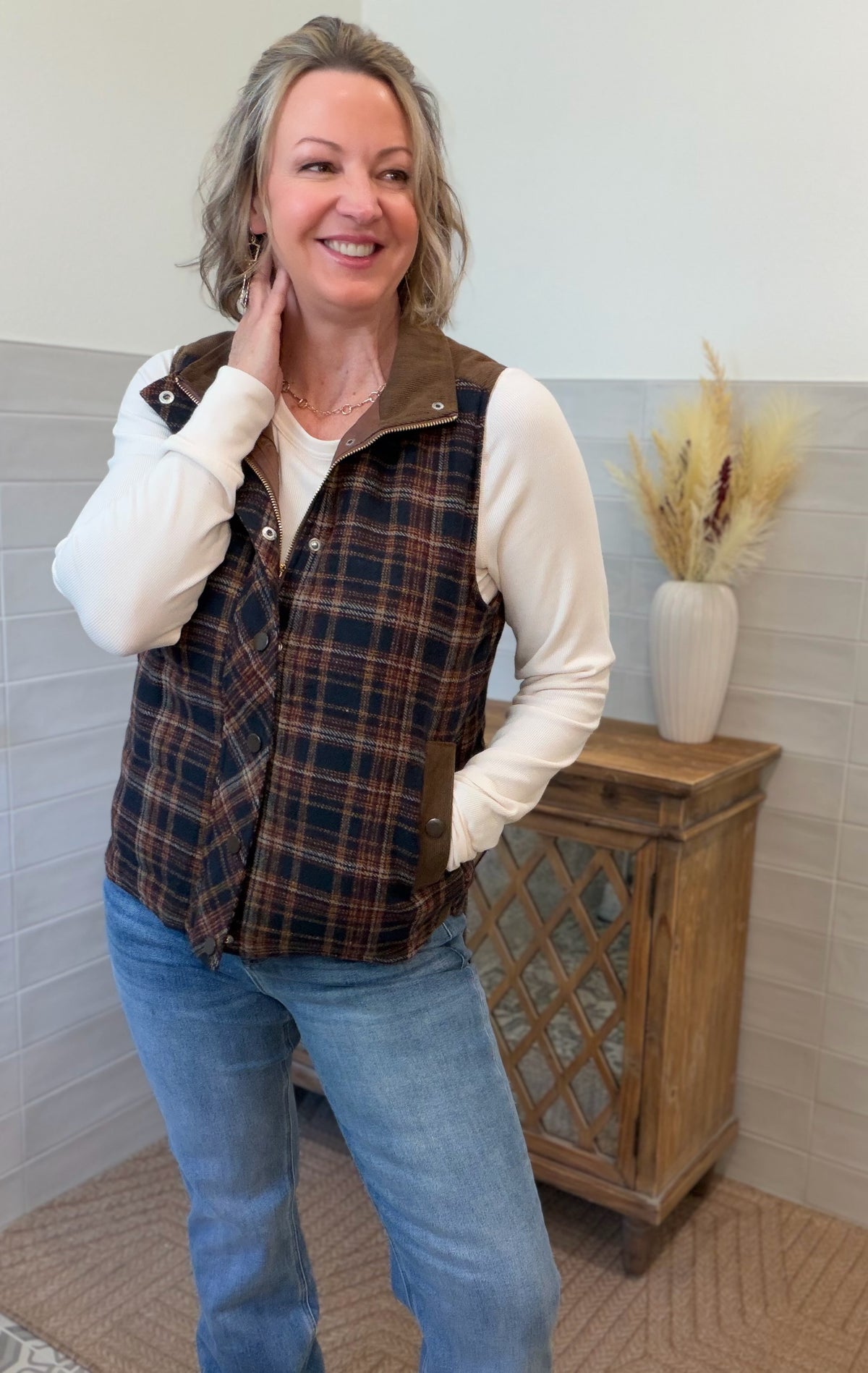 Navy Plaid Puffer Vest