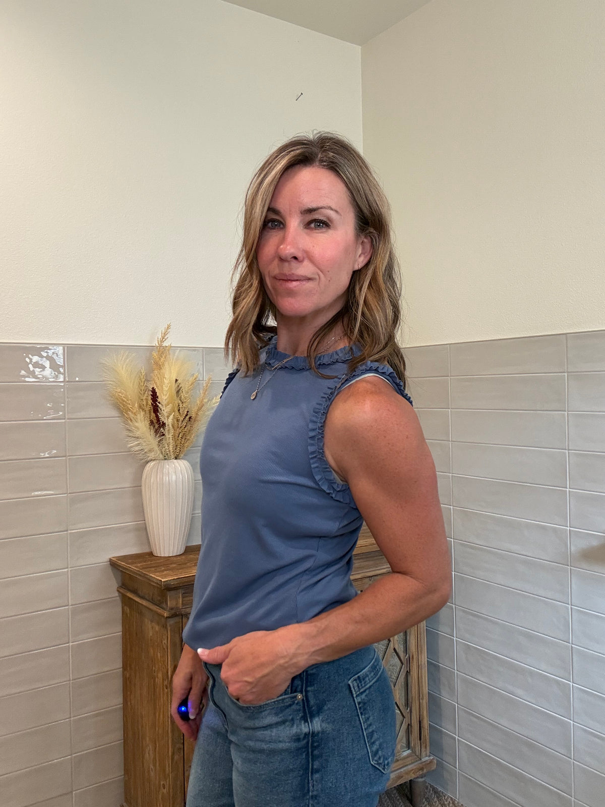Solid Knit Ruffle Trim Tank - Denim