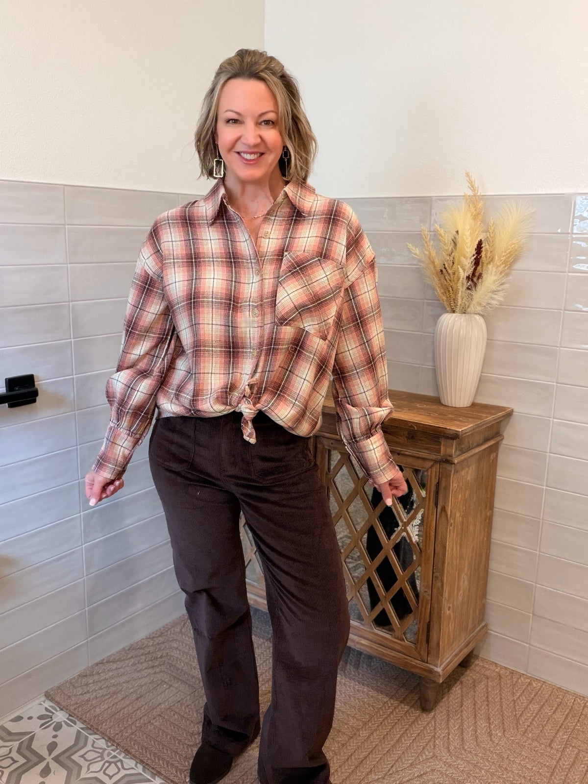 Pink and Brown Flannel Top