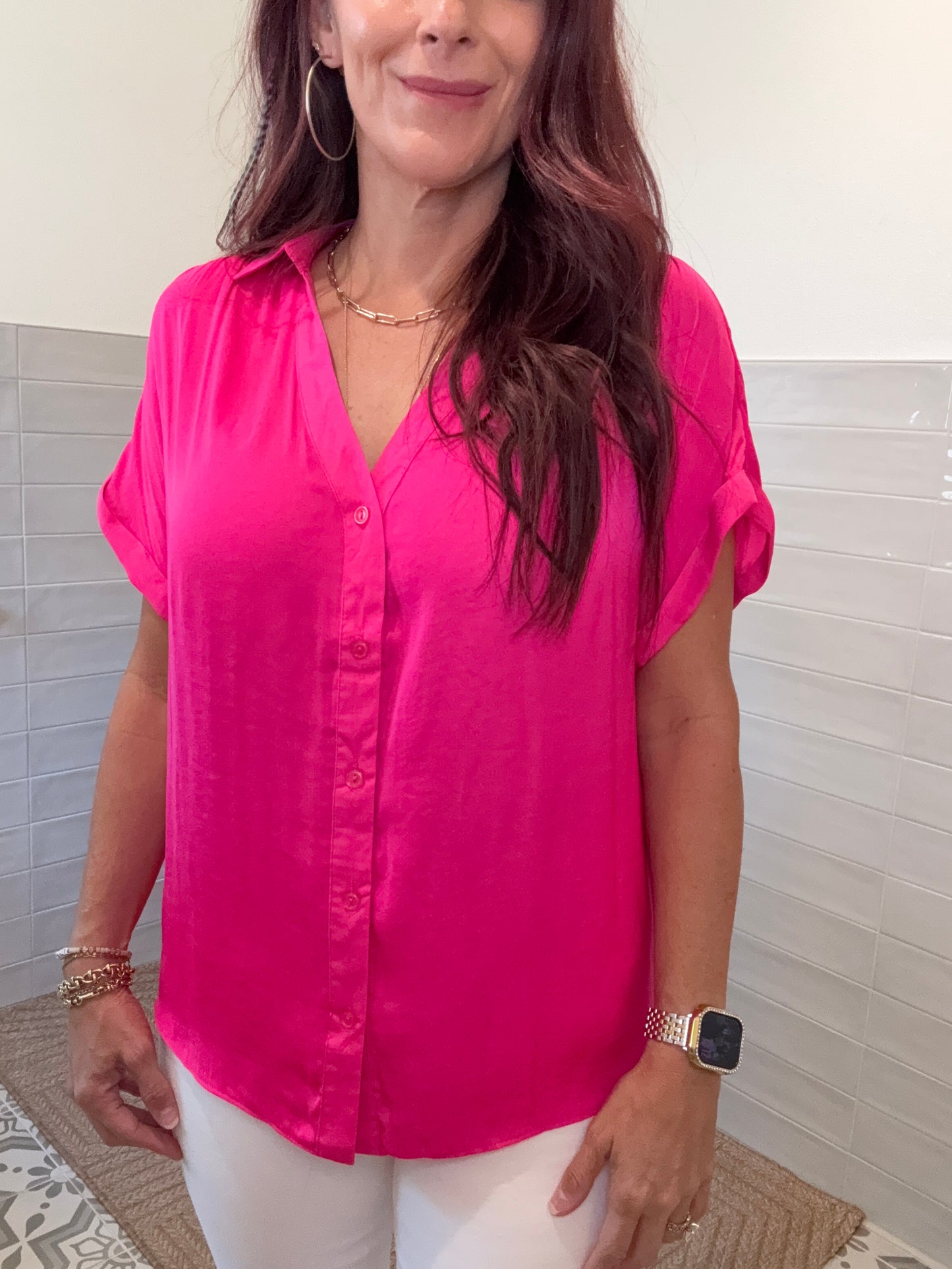 Hot Pink Short Sleeve Blouse