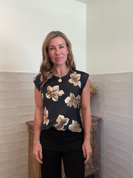 Black Floral Satin Blouse