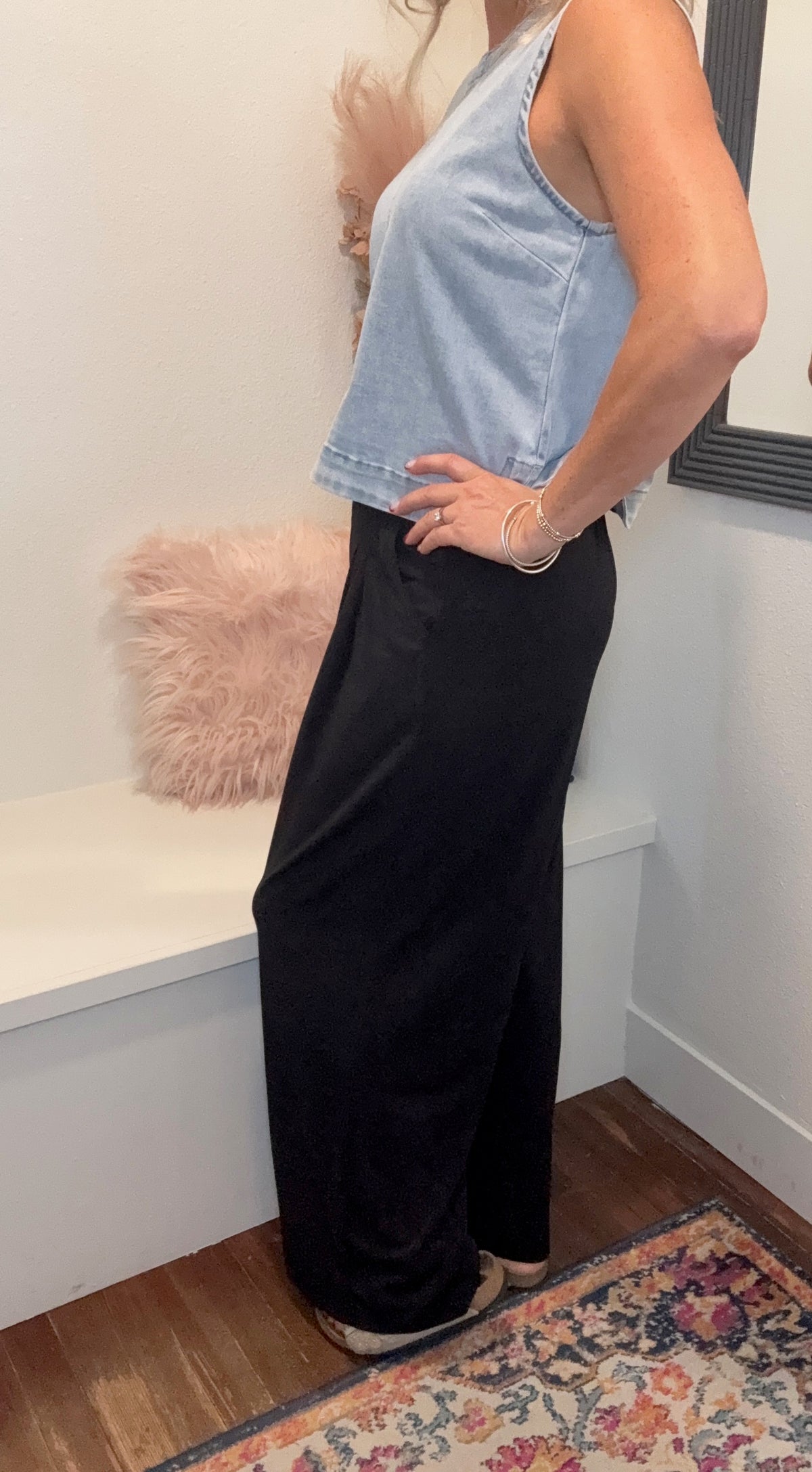 Black Chambray Wide Leg Crop Pants