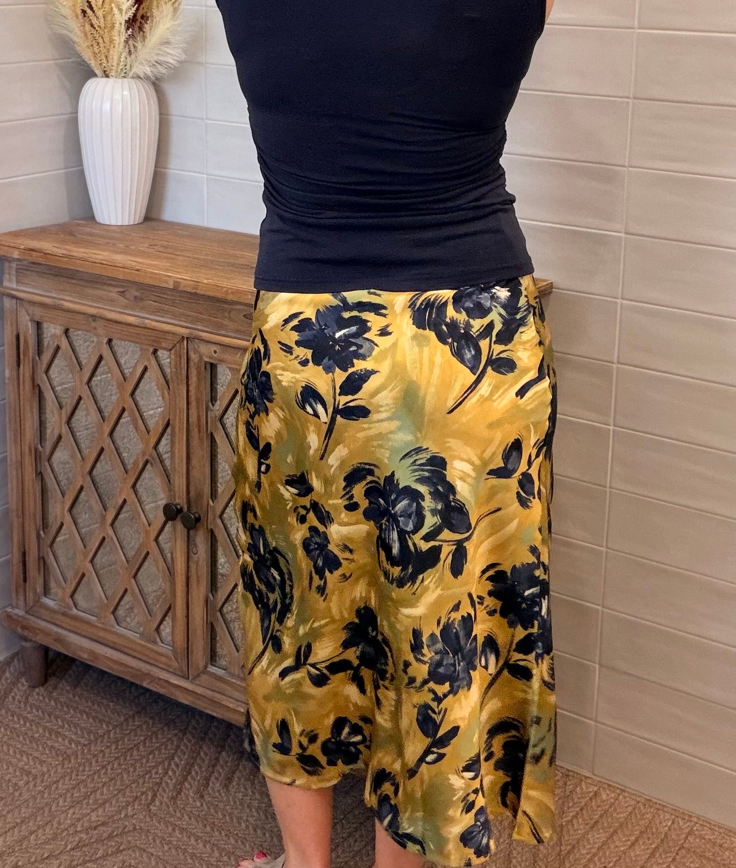 Mustard Floral Satin Skirt