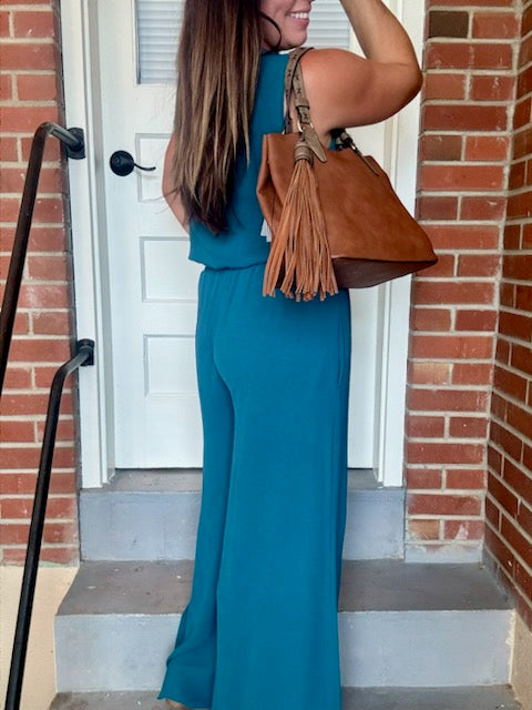 Teal Cropped Top and Wide Pant Set