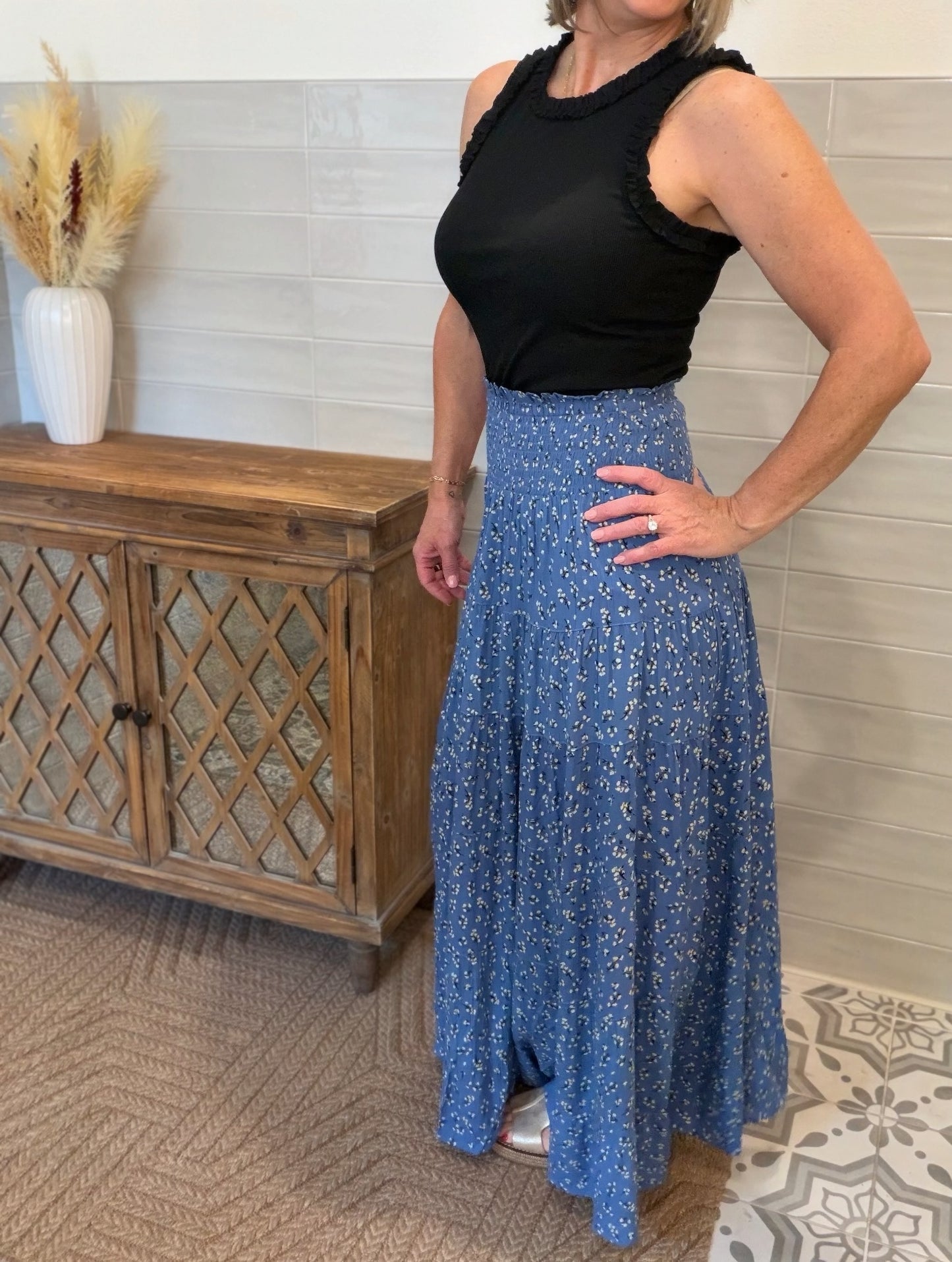 Blue Smocked Waist Maxi Skirt