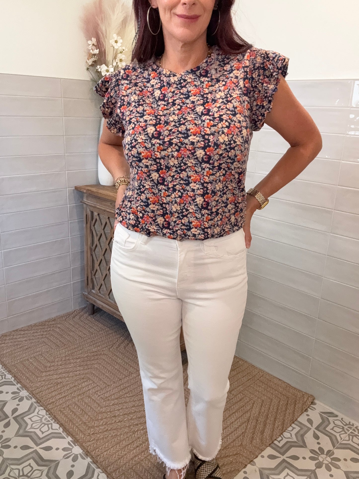 Navy Ruffle Jersey Blouse