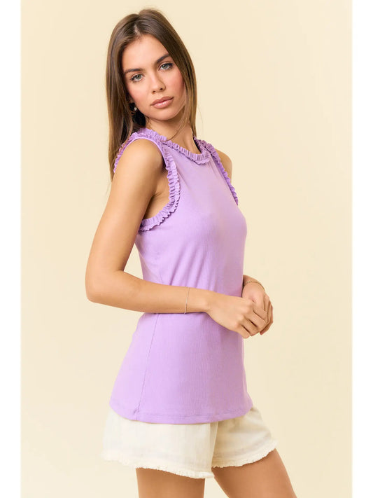 Solid Knit Ruffle Trim Tank - Lavender