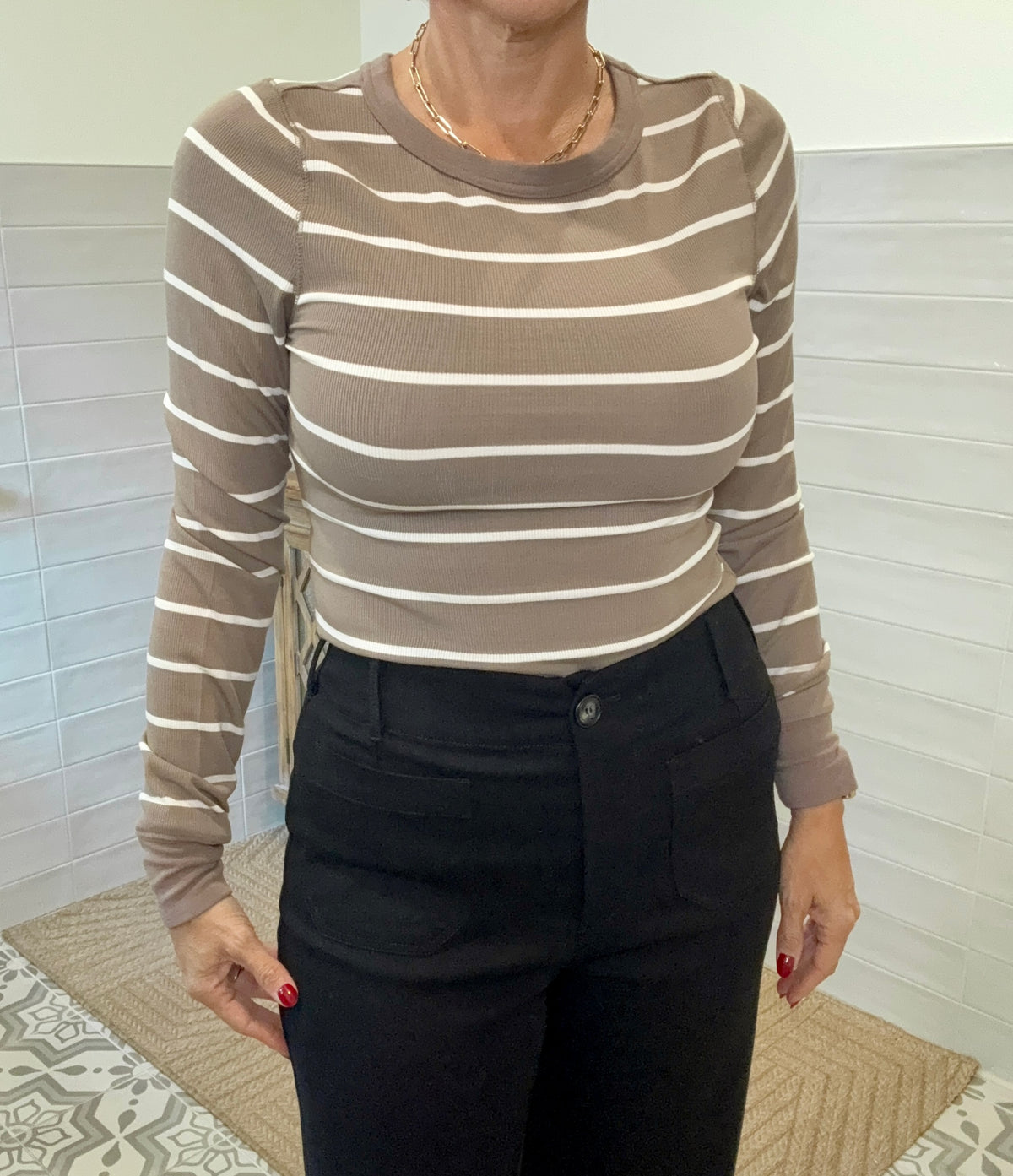 Stacy Long Sleeve Top - Taupe White