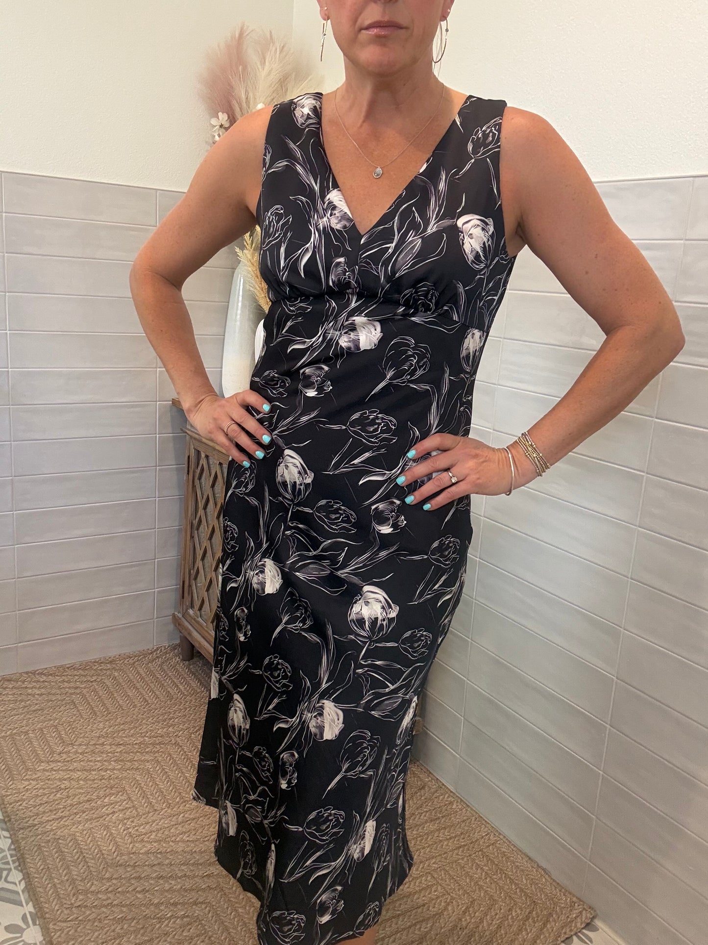 Black Satin Flower Dress