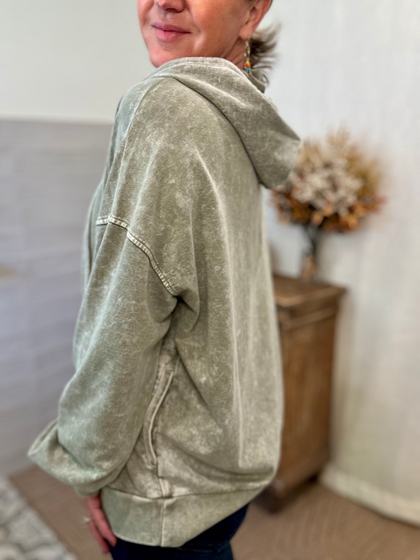 Olive Washed Hooded Sweatshirt