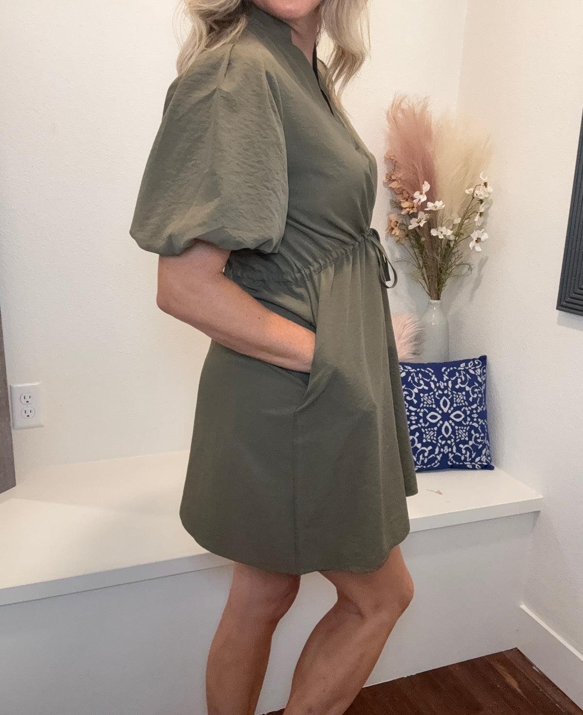 Deep Olive Cinched Waist Mini Dress